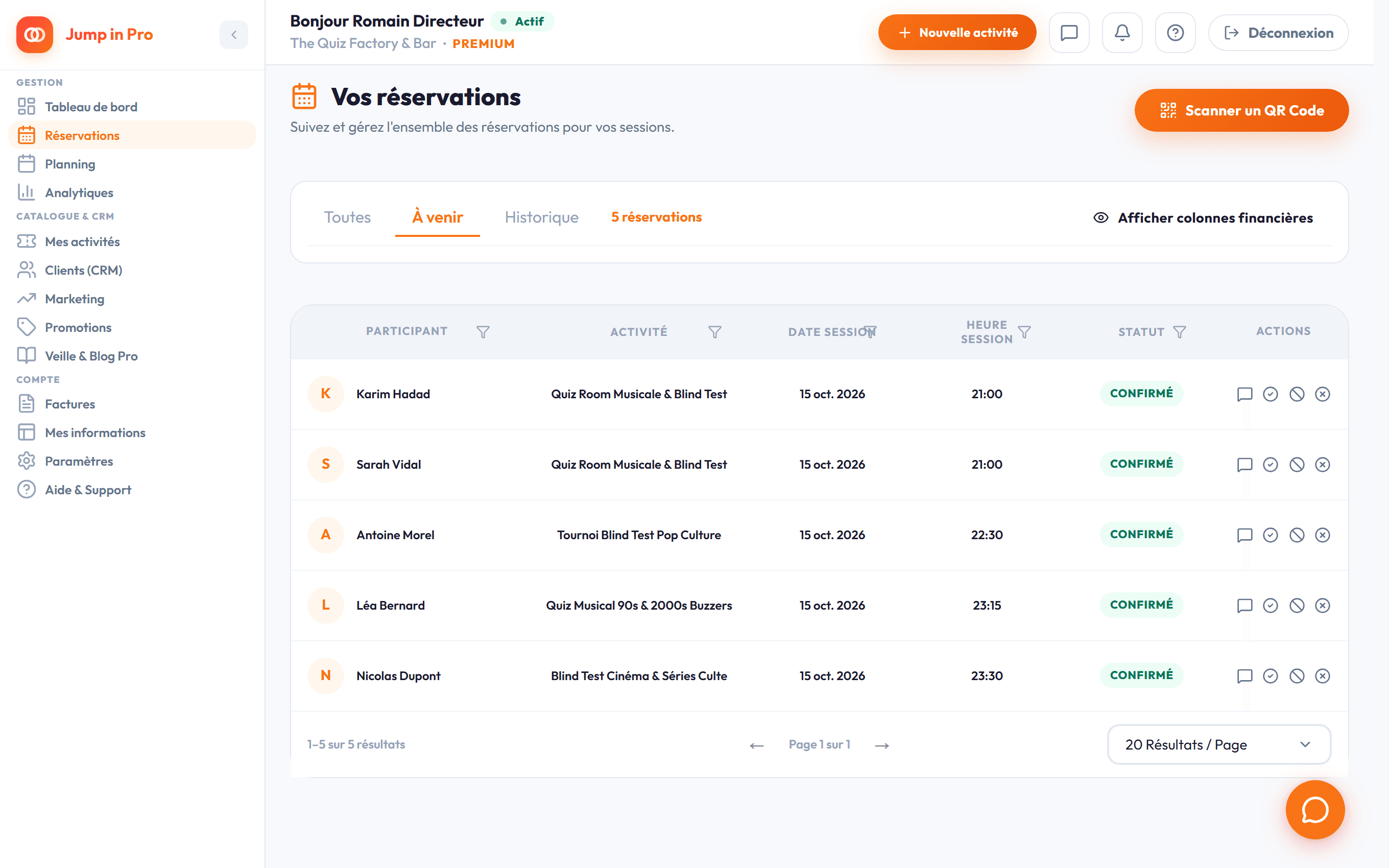 Interface réelle Jump in Pro : Gestion des réservations, équipes confirmées et check-in QR code pour The Quiz Factory & Bar