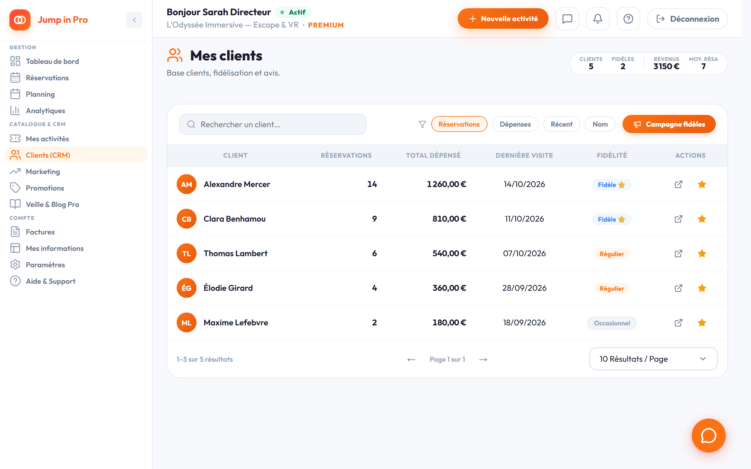 Gestion CRM et fidélisation clients Jump in Pro